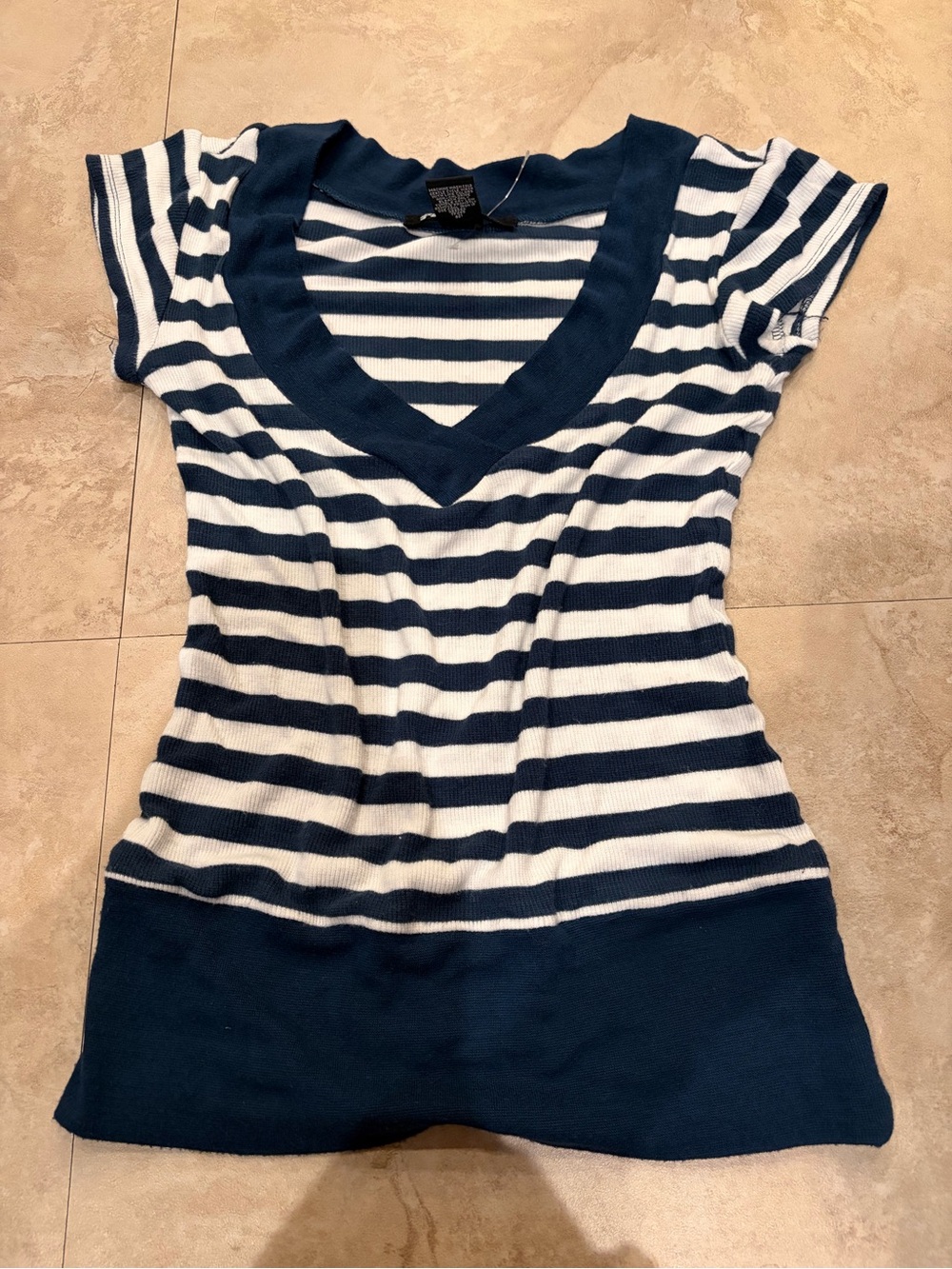 Planet Gold Navy and White Striped V-Neck Short Sleeve Top